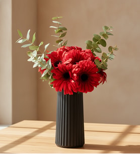 Siyah Çizgili Polimer Vazoda Kırmızı Gerbera Çiçekleri