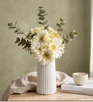 Beyaz Çizgili Polimer Vazoda Beyaz Gerbera Çiçekleri