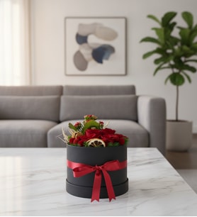 Siyah Silindir Kutuda Kırmızı Güller ve Kalanchoe