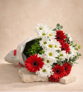 Beyaz Bukette Beyaz Papatya ve Kırmızı Gerbera