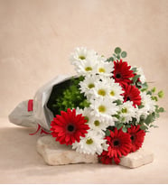 Beyaz Bukette Beyaz Papatya ve Kırmızı Gerbera
