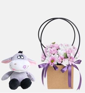 Kraft Çantada Papatya ve Peluş Eşek