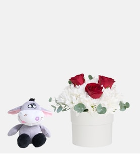 Beyaz Saksıda Gül Papatya ve Peluş Eşek
