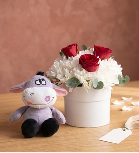 Beyaz Saksıda Gül Papatya ve Peluş Eşek