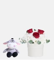 Beyaz Saksıda Gül Papatya ve Peluş Eşek
