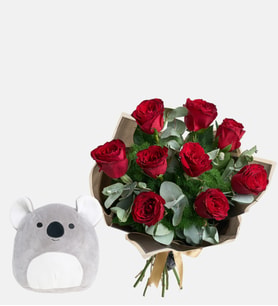 Buket Kağıdında Kırmızı Güller ve Koala Yastık