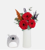 Beyaz Vazoda Kırmızı Gerbera ve Koala Yastık