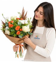Kraft Bukette Turuncu Gül & Beyaz Gül ve Lisyantus