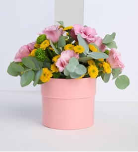 Pembe Beton Saksıda Pembe Lisyantus ve Krizantemler