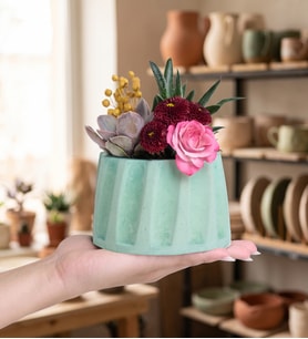Turkuaz Sütun Saksıda Haworthia ve Echeveria Perle