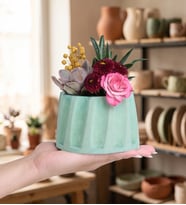 Turkuaz Sütun Saksıda Haworthia ve Echeveria Perle