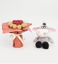 Kırmızı, Beyaz Gül Kek Buketi ve Peluş Eşek