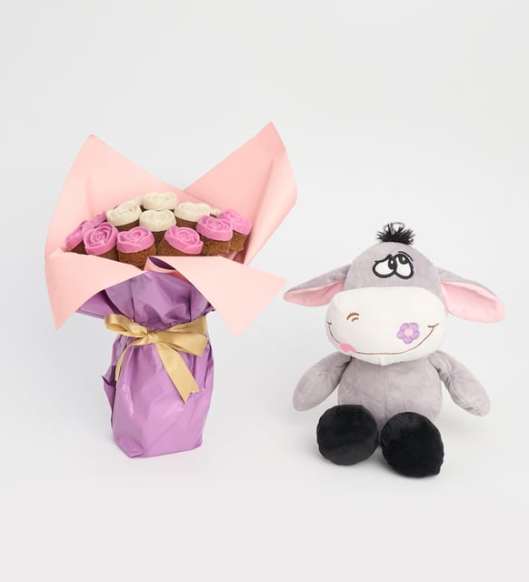 Pembe, Beyaz Gül Kek Buketi ve Peluş Eşek