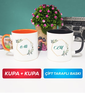 İkili Çiçek Tasarımlı İsme Özel Kupa Bardak Turuncu Siyah