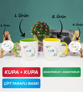 İkili Yeşil Sarı Çiçek Tasarımlı İsme Özel Kupa Bardak Anahtarlık