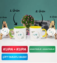 İkili Yeşil Sarı Çiçek Tasarımlı İsme Özel Kupa Bardak Anahtarlık
