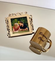 Kişiye Özel Fotoğraflı Herşey Seninle Güzel Standlı Mdf Gold Çerçeve Ve Gold Kupa Set