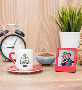 Best Dad Kırmızı Kahve Fincanı ve Kırmızı Mini Fotoğraf Çerçevesi