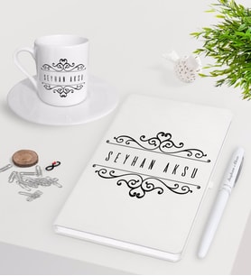 BK Gift Kişiye Özel İsimli Beyaz Defter Kalem Türk Kahvesi Fincanı Seti-9 (Model 1)