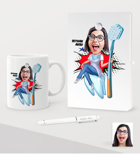 BK Gift Kişiye Özel Bayan Diş Hekimi Karikatürlü Beyaz Defter Kalem Kupa Seti - 3 (Model 1)