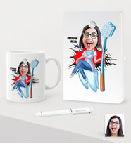 BK Gift Kişiye Özel Bayan Diş Hekimi Karikatürlü Beyaz Defter Kalem Kupa Seti - 3 (Model 1)