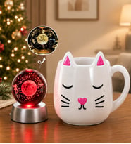 Yılbaşı Hediyesi 3D Kedi Figürlü Kupa & 3D Satürn Kız Galaksi Işıklı Kristal Küre