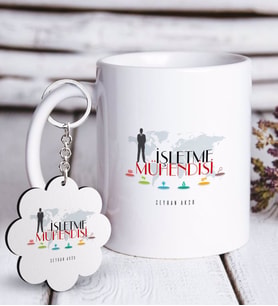 BK Gift Kişiye Özel Mesleki İşletme Mühendisi Beyaz Kupa ve Anahtarlık Hediye Seti (Model 1)
