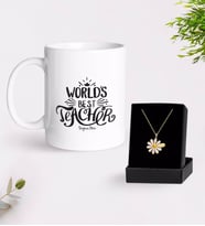 BK Gift Kişiye Özel Dünyanın En İyi Öğretmeni Kupa Ve Papatya Kolye Hediye Seti-30 (Model 1)
