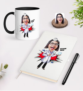 BK Gift Kişiye Özel Bayan Diş Hekimi Karikatürlü Beyaz Defter Kalem Siyah Kupa Seti-2 (Model 1)