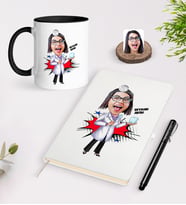 BK Gift Kişiye Özel Bayan Diş Hekimi Karikatürlü Beyaz Defter Kalem Siyah Kupa Seti-2 (Model 1)