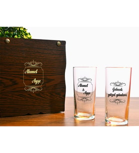 İsme Özel Ahşap Kutulu 2'li Rakı Bardağı Seti