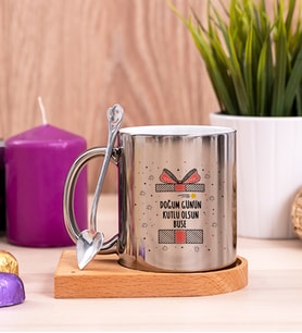 Doğum Günü Hediyesi Ahşap Altlıklı Silver Kupa Bardak