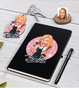 BK Gift Kişiye Özel Kadın Kuaför Karikatürlü Siyah Defter Kalem Ve Anahtarlık Hediye Seti-3 (Model 1)