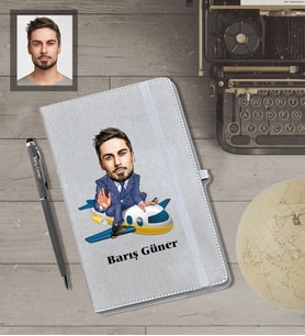 Kişiye Özel Pilot Karikatürlü Gri Defter Kalem Hediye Seti  Bay-3