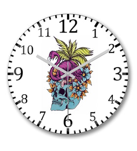 Caveira Tropical Flamingo Skull Duvar Saati Bombeli Gercek Cam