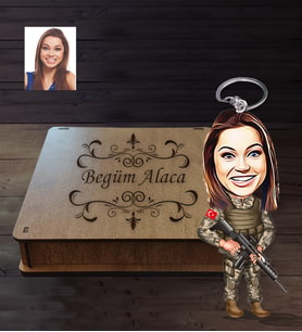 Kişiye Özel Asker Karikatürlü Ahşap Anahtarlık Kutulu Bayan-1