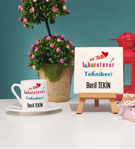 Mesajlı Laboratuvar Teknikeri Tasarımlı Kişiye Özel Laboratuvar Teknikeri Türk Kahvesi Fincanı ve Dekoratif Taş Baskı Hediye Seti