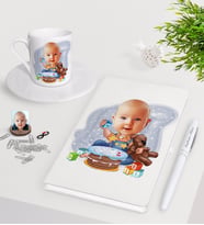 BK Gift Kişiye Özel Bebek Doğum Günü Karikatürlü Beyaz Defter Kalem Türk Kahvesi Fincanı Seti-1 (Model 1)