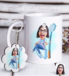 BK Gift Kişiye Özel Bayan Diş Hekimi Karikatürlü Beyaz Kupa ve Anahtarlık Hediye Seti-2 (Model 1)