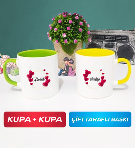 İkili İsme Özel Sevgililer Günü Hediyesi Kupa Bardak Yeşil Sarı