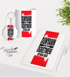 BK Gift Kişiye Özel Dünyanın En İyi Öğretmeni Kupa Anahtarlık Beyaz Defter Kalem Hediye Seti-1 (Model 1)