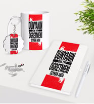 BK Gift Kişiye Özel Dünyanın En İyi Öğretmeni Kupa Anahtarlık Beyaz Defter Kalem Hediye Seti-1 (Model 1)