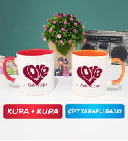 İkili Love Tasarımlı Sevgililer Günü Hediyesi Kupa Bardak Kırmızı Turuncu