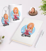 BK Gift Kişiye Özel Kadın Aşçı Karikatürlü Beyaz Defter Kalem Kupa ve Anahtarlık Hediye Seti-1 (Model 1)