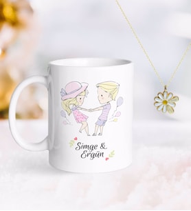BK Gift Kişiye Özel Sevgililer Günü Kupa ve Çift İsimli Papatya Kolye-62 (Model 1)