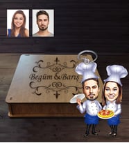 Kişiye Özel Aşçı Sevgili Karikatürlü Ahşap Anahtarlık Kutulu Model-1