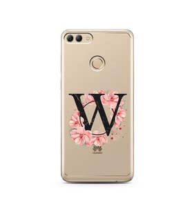 Pembe Çiçekli Harf Tasarım Süper Şeffaf Silikon Telefon Kılıfı Huawei Y9 2018 W-