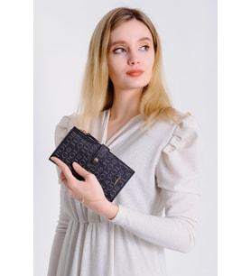 Just Polo Siyah Kadın Baskı Desenli Kilit Detaylı Kartlık Cüzdan JP009