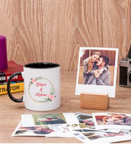 İki İsimli Çiftlere Özel Siyah Kupa Bardak ve Ahşap Standlı Polaroid Set