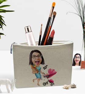 BK Gift Kişiye Özel Ev Hanımı Anne Karikatürlü Keten Makyaj Çantası-1 (Bej)